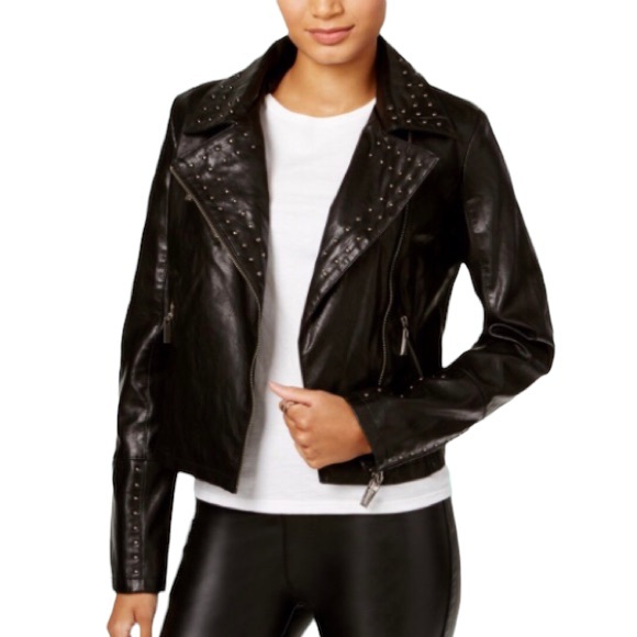 Jou Jou Faux Leather Studded Black Moto Asymmetric Zip Up Biker Jacket S - Picture 2 of 14